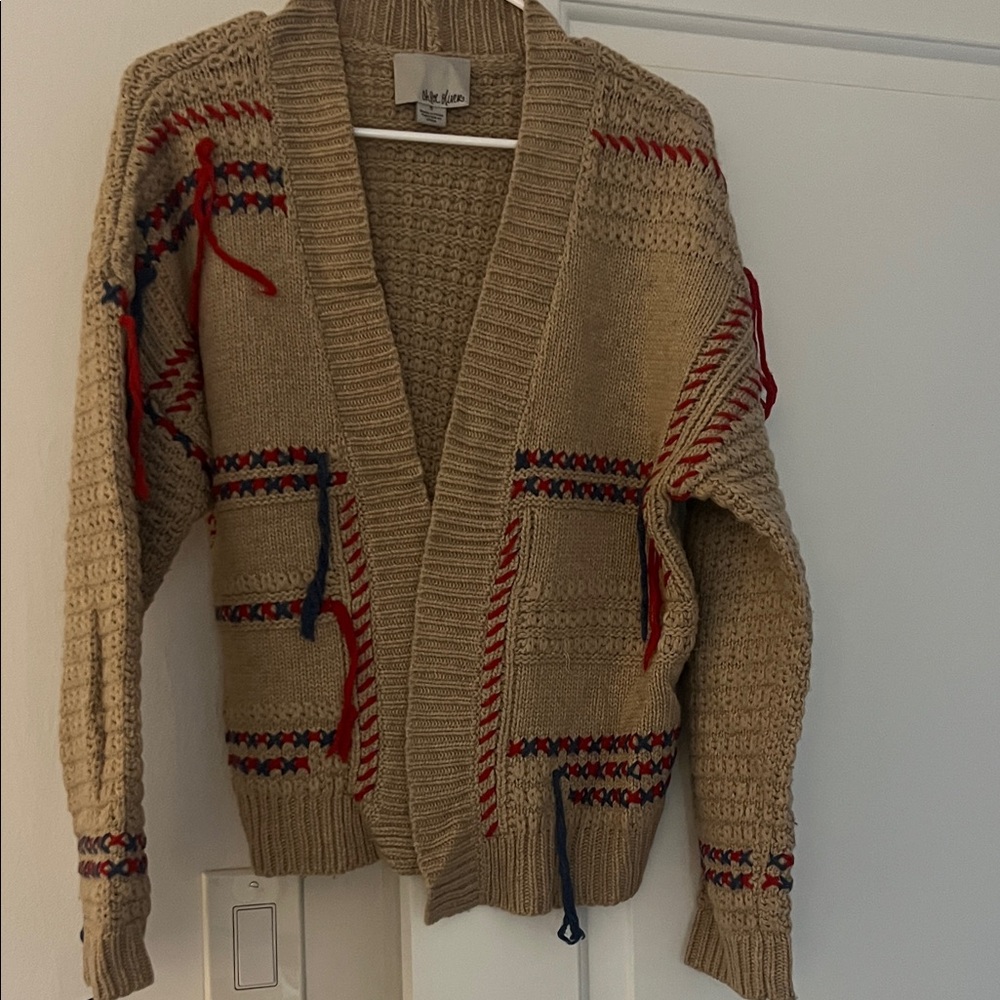 Stylish Tan Cardigan with Red and Blue Details